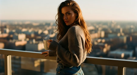 A young woman enjoying a cup of coffee on a balcony overlooking the cityの素材