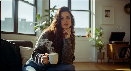 A young woman sitting on a couch with a cup of coffee in a cozy living roomの素材