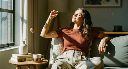 A woman relaxing on a couch in a cozy living room with a cup of coffeeの素材
