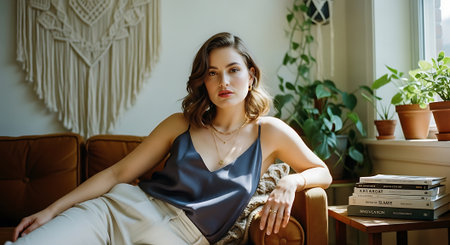 A young woman relaxing on a brown couch in a cozy living roomの素材