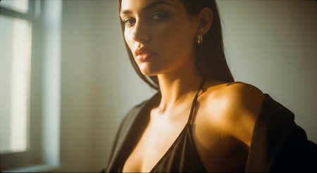 A beautiful woman standing in front of a window with natural lightの素材