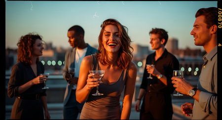 A group of friends enjoying drinks and each other's company at a rooftop partyの素材