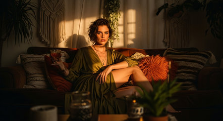 A woman sitting comfortably on a couch in a cozy living roomの素材