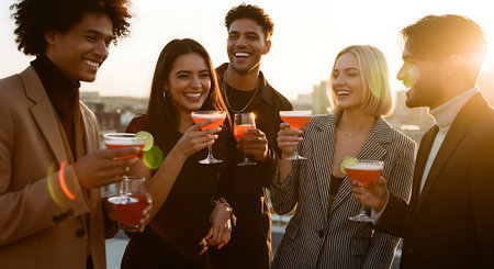 A group of friends enjoying cocktails together on a rooftop at sunsetの素材
