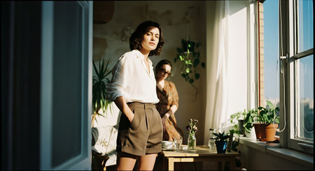A woman stands by a window with plants and looks outside thoughtfullyの素材