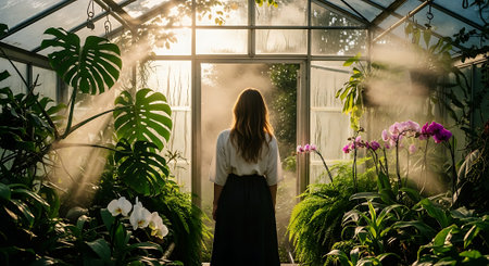 A woman stands in a lush greenhouse surrounded by vibrant plants and flowersの素材