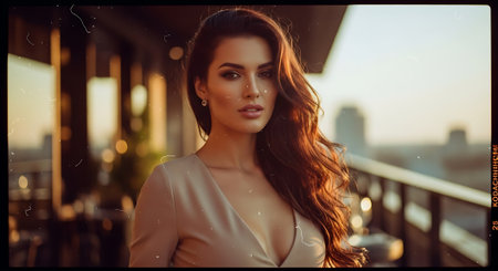 A beautiful woman with long brown hair standing on a city balconyの素材
