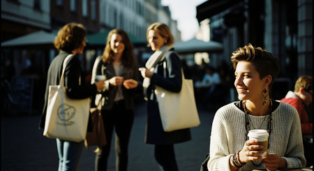 A group of young women socializing and enjoying coffee on a city streetの素材