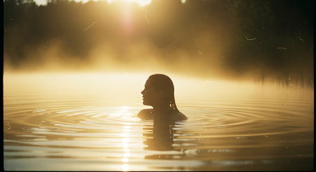 A serene woman in a peaceful lake at sunrise or sunsetの素材