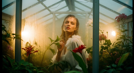 A serene woman surrounded by lush greenery in a misty greenhouseの素材