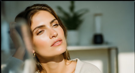 A serene woman meditating in a peaceful indoor environment with natural lightの素材