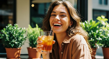 A young woman enjoying a refreshing drink on a sunny outdoor patioの素材