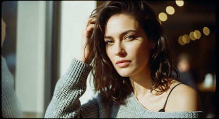 A young woman with dark hair and a gray sweater looking thoughtfulの素材