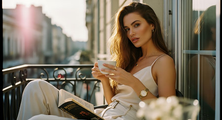 A young woman relaxing on a balcony with a cup of coffee and a bookの素材