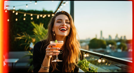 A young woman enjoying a cocktail on a rooftop bar at sunsetの素材