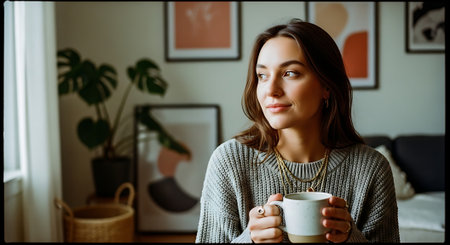 A woman enjoying a cup of coffee in a cozy living room with artworkの素材