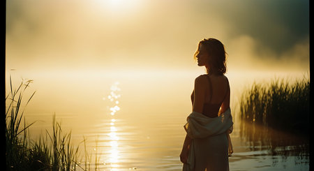 A serene woman standing by a peaceful lake at sunsetの素材