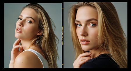 Two young women with long blonde hair posing in a studio settingの素材