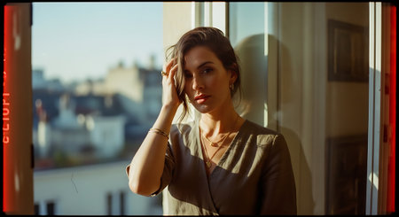 A beautiful woman standing by a window with a city viewの素材