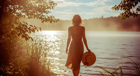 A serene woman walking by a peaceful lake at sunset with a hatの素材