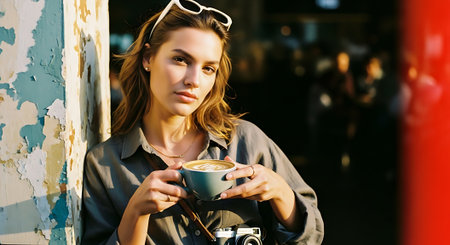 A young woman enjoying a cup of coffee in a city settingの素材