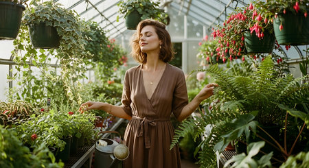A woman surrounded by lush greenery and vibrant flowers in a serene greenhouse settingの素材