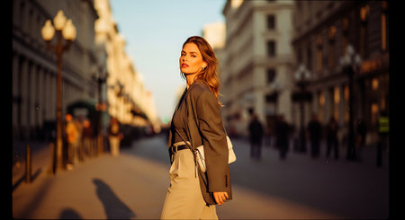A young woman standing confidently on a city street at sunsetの素材