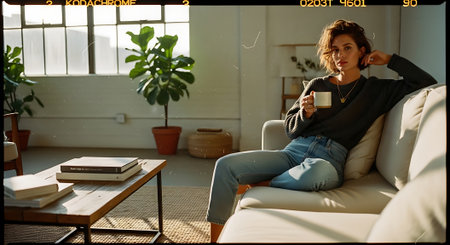 A woman relaxing on a couch in a modern living room with plantsの素材