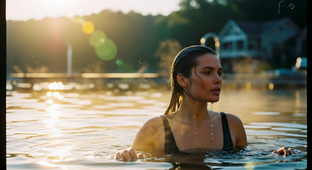 A serene woman enjoying a relaxing swim in a peaceful lake at sunsetの素材