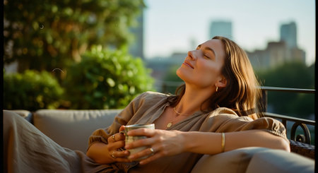 A serene woman relaxing on a couch with a cup of coffee outdoorsの素材