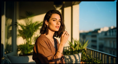 A woman stands on a balcony with a city view behind herの素材