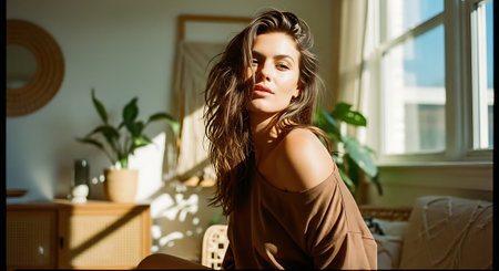 A young woman sitting in a cozy living room with plants and sunlightの素材