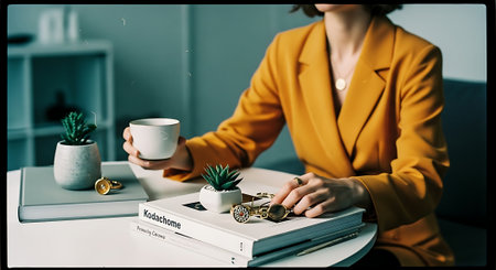 A woman in a yellow blazer sitting at a desk with books and plantsの素材