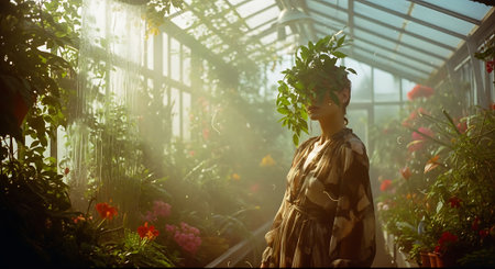 A woman in a flowing dress stands amidst lush greenery in a sunlit greenhouseの素材