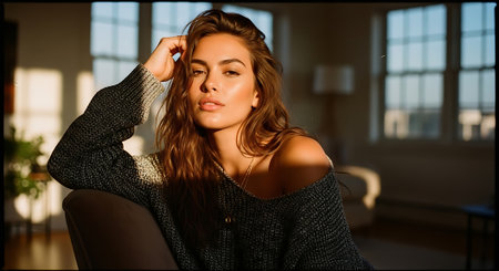 A young woman sitting in a modern living room with a thoughtful expressionの素材