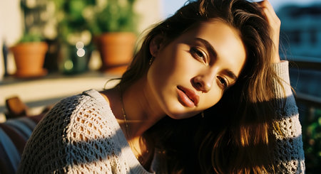 A young woman with long brown hair relaxing on a balcony outdoorsの素材