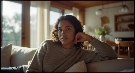 A young woman relaxing on a couch in a cozy living roomの素材