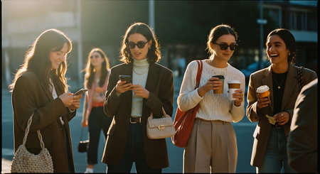 A group of young women in business casual attire walking and using their smartphones on a city streetの素材