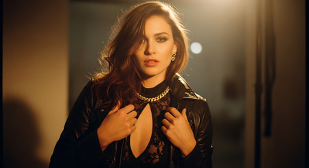 A beautiful woman in a black leather jacket and gold necklace posing in a dimly lit roomの素材