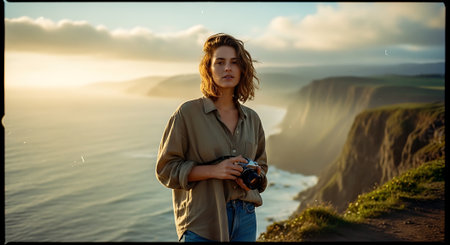 A woman stands on a cliffside overlooking the ocean with a cameraの素材