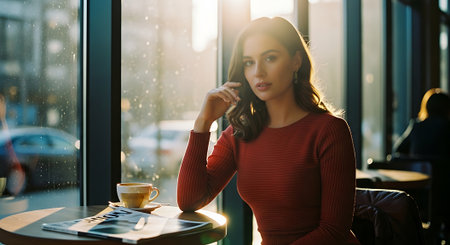 A woman in a red dress sitting in a coffee shop and talking on her phoneの素材
