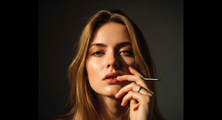 A young woman thinking deeply while holding a pen to her mouthの素材