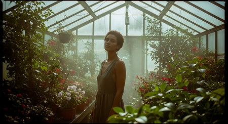 A serene woman standing in a lush greenhouse surrounded by vibrant flowers and plantsの素材
