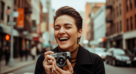A smiling woman holding a camera in a bustling city streetの素材