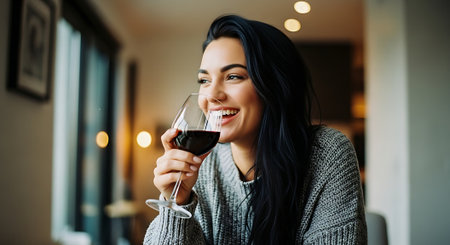A smiling woman enjoying a glass of red wine in a cozy roomの素材