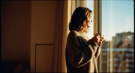 A woman stands by a window looking out at the city with a cup of coffeeの素材