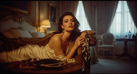 A beautiful woman in a white dress lying on a bed with jewelryの素材