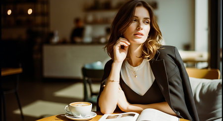 A young woman sitting in a coffee shop with a cup of coffeeの素材