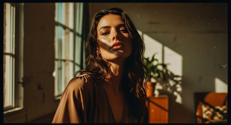 A serene woman standing in a sunlit room with a peaceful expressionの素材