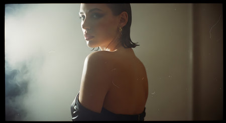 A beautiful woman in a dark room with a subtle smileの素材